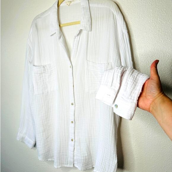 Eileen Fisher 100% Cotton Linen Long Sleeve Button Down Puckered Shirt L - Picture 2 of 13